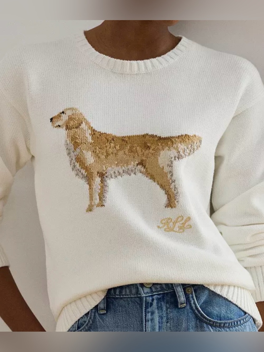 Lauren Ralph Lauren Intarsia Knit Golden Retriever Sweater Sz Medium White NWT - Picture 2 of 7
